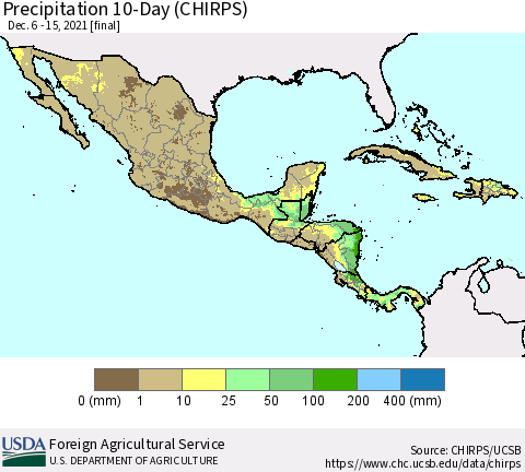 Mexico Central America and the Caribbean Precipitation 10-Day (CHIRPS) Thematic Map For 12/6/2021 - 12/15/2021