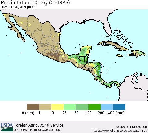 Mexico Central America and the Caribbean Precipitation 10-Day (CHIRPS) Thematic Map For 12/11/2021 - 12/20/2021