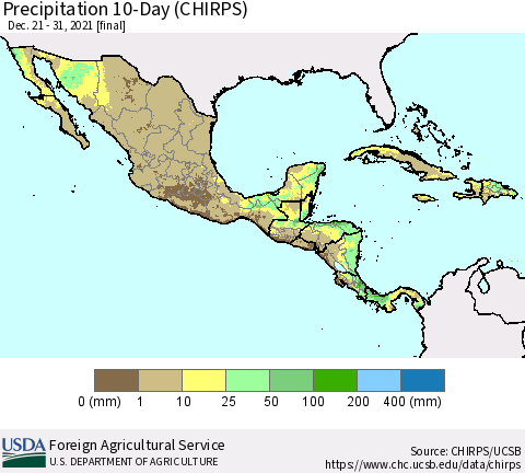 Mexico Central America and the Caribbean Precipitation 10-Day (CHIRPS) Thematic Map For 12/21/2021 - 12/31/2021