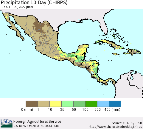 Mexico Central America and the Caribbean Precipitation 10-Day (CHIRPS) Thematic Map For 1/11/2022 - 1/20/2022