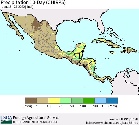 Mexico Central America and the Caribbean Precipitation 10-Day (CHIRPS) Thematic Map For 1/16/2022 - 1/25/2022