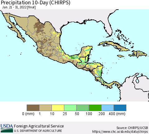 Mexico Central America and the Caribbean Precipitation 10-Day (CHIRPS) Thematic Map For 1/21/2022 - 1/31/2022
