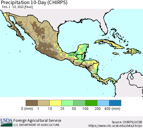 Mexico Central America and the Caribbean Precipitation 10-Day (CHIRPS) Thematic Map For 2/1/2022 - 2/10/2022