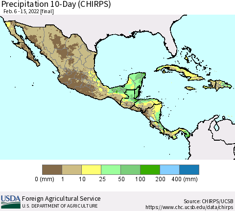 Mexico Central America and the Caribbean Precipitation 10-Day (CHIRPS) Thematic Map For 2/6/2022 - 2/15/2022