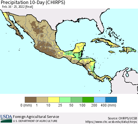 Mexico Central America and the Caribbean Precipitation 10-Day (CHIRPS) Thematic Map For 2/16/2022 - 2/25/2022