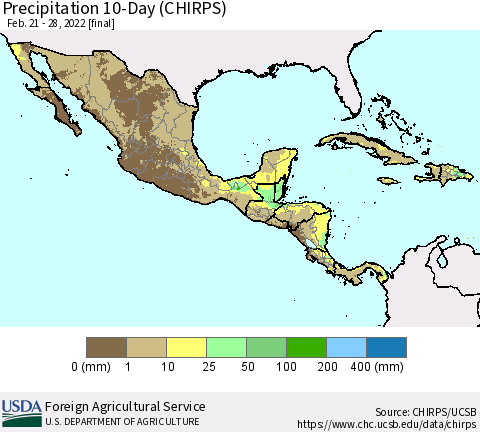 Mexico Central America and the Caribbean Precipitation 10-Day (CHIRPS) Thematic Map For 2/21/2022 - 2/28/2022