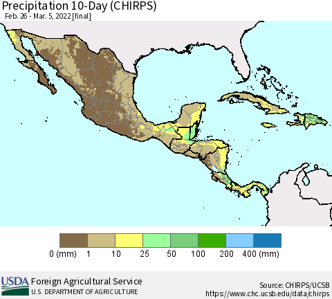 Mexico Central America and the Caribbean Precipitation 10-Day (CHIRPS) Thematic Map For 2/26/2022 - 3/5/2022