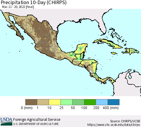 Mexico Central America and the Caribbean Precipitation 10-Day (CHIRPS) Thematic Map For 3/11/2022 - 3/20/2022