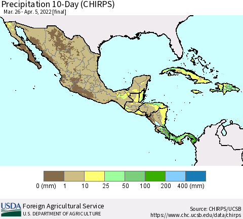 Mexico Central America and the Caribbean Precipitation 10-Day (CHIRPS) Thematic Map For 3/26/2022 - 4/5/2022