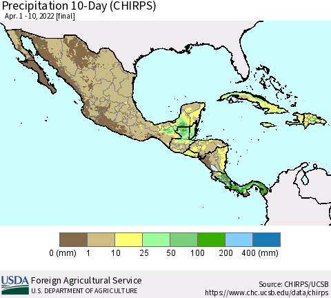 Mexico Central America and the Caribbean Precipitation 10-Day (CHIRPS) Thematic Map For 4/1/2022 - 4/10/2022