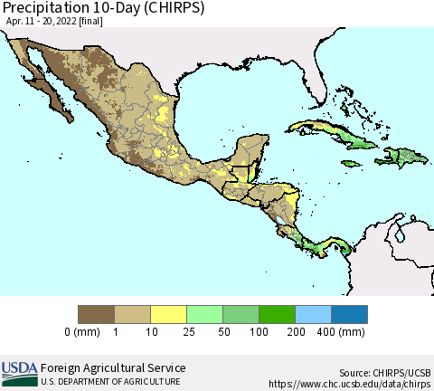 Mexico Central America and the Caribbean Precipitation 10-Day (CHIRPS) Thematic Map For 4/11/2022 - 4/20/2022