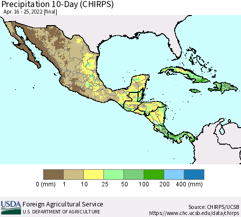 Mexico Central America and the Caribbean Precipitation 10-Day (CHIRPS) Thematic Map For 4/16/2022 - 4/25/2022