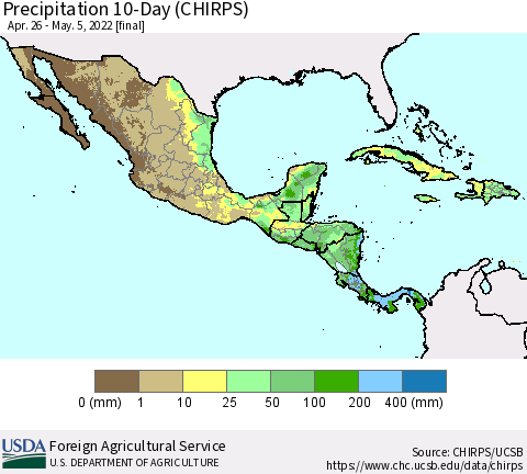 Mexico Central America and the Caribbean Precipitation 10-Day (CHIRPS) Thematic Map For 4/26/2022 - 5/5/2022