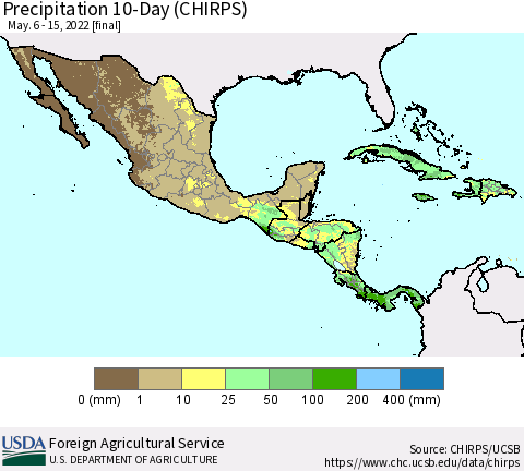 Mexico Central America and the Caribbean Precipitation 10-Day (CHIRPS) Thematic Map For 5/6/2022 - 5/15/2022