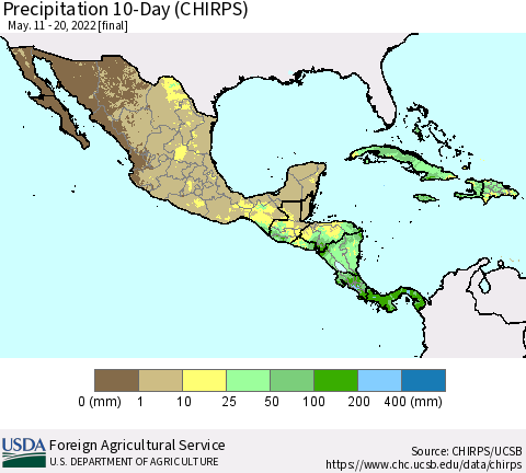 Mexico Central America and the Caribbean Precipitation 10-Day (CHIRPS) Thematic Map For 5/11/2022 - 5/20/2022