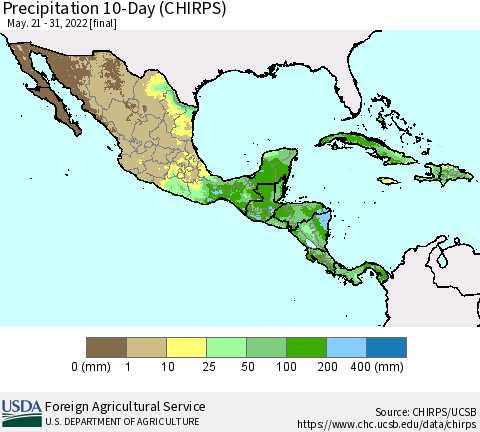 Mexico Central America and the Caribbean Precipitation 10-Day (CHIRPS) Thematic Map For 5/21/2022 - 5/31/2022