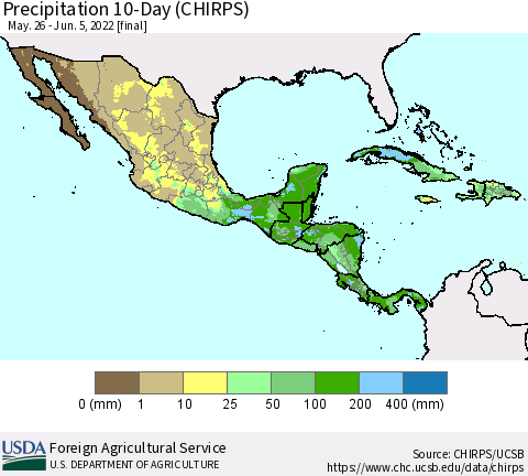 Mexico Central America and the Caribbean Precipitation 10-Day (CHIRPS) Thematic Map For 5/26/2022 - 6/5/2022