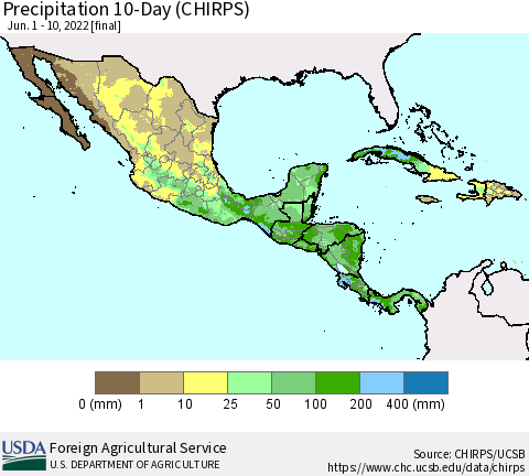 Mexico Central America and the Caribbean Precipitation 10-Day (CHIRPS) Thematic Map For 6/1/2022 - 6/10/2022