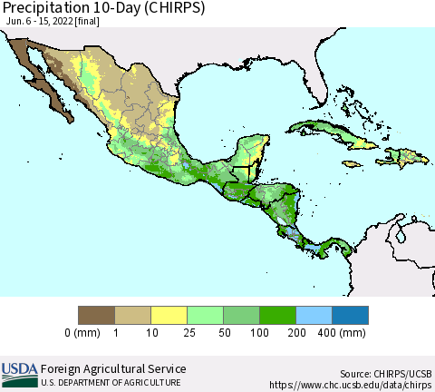 Mexico Central America and the Caribbean Precipitation 10-Day (CHIRPS) Thematic Map For 6/6/2022 - 6/15/2022
