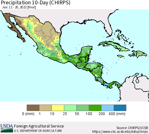 Mexico Central America and the Caribbean Precipitation 10-Day (CHIRPS) Thematic Map For 6/11/2022 - 6/20/2022