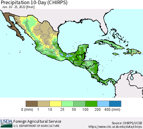 Mexico Central America and the Caribbean Precipitation 10-Day (CHIRPS) Thematic Map For 6/16/2022 - 6/25/2022