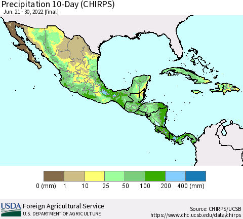 Mexico Central America and the Caribbean Precipitation 10-Day (CHIRPS) Thematic Map For 6/21/2022 - 6/30/2022