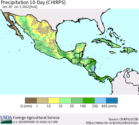 Mexico Central America and the Caribbean Precipitation 10-Day (CHIRPS) Thematic Map For 6/26/2022 - 7/5/2022