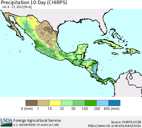 Mexico Central America and the Caribbean Precipitation 10-Day (CHIRPS) Thematic Map For 7/6/2022 - 7/15/2022