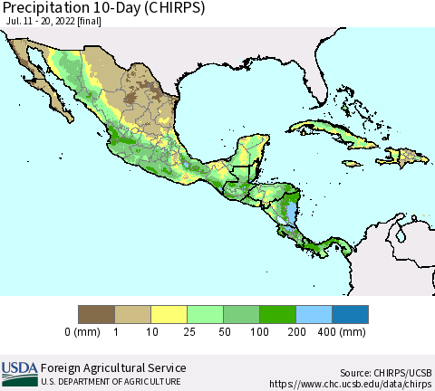 Mexico Central America and the Caribbean Precipitation 10-Day (CHIRPS) Thematic Map For 7/11/2022 - 7/20/2022