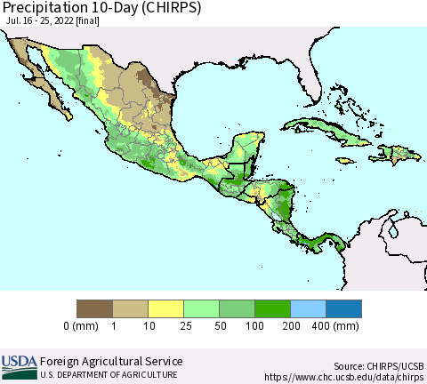 Mexico Central America and the Caribbean Precipitation 10-Day (CHIRPS) Thematic Map For 7/16/2022 - 7/25/2022