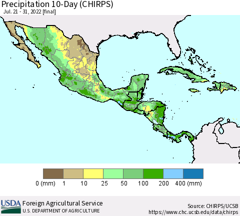 Mexico Central America and the Caribbean Precipitation 10-Day (CHIRPS) Thematic Map For 7/21/2022 - 7/31/2022