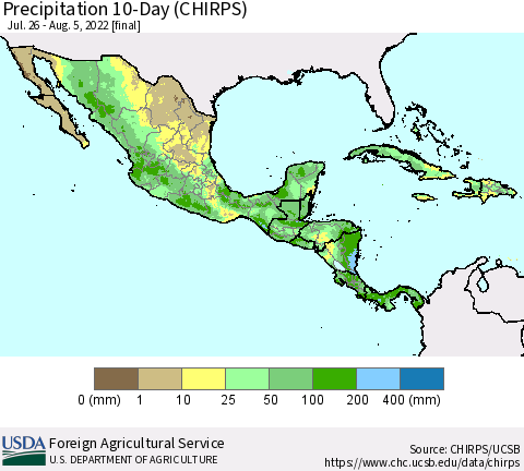 Mexico Central America and the Caribbean Precipitation 10-Day (CHIRPS) Thematic Map For 7/26/2022 - 8/5/2022