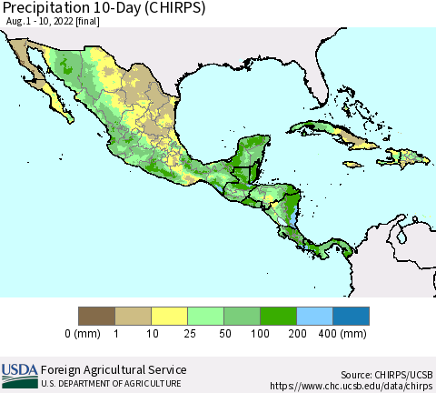 Mexico Central America and the Caribbean Precipitation 10-Day (CHIRPS) Thematic Map For 8/1/2022 - 8/10/2022