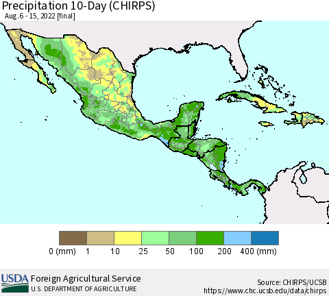 Mexico Central America and the Caribbean Precipitation 10-Day (CHIRPS) Thematic Map For 8/6/2022 - 8/15/2022