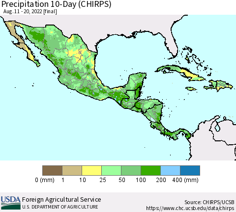 Mexico Central America and the Caribbean Precipitation 10-Day (CHIRPS) Thematic Map For 8/11/2022 - 8/20/2022