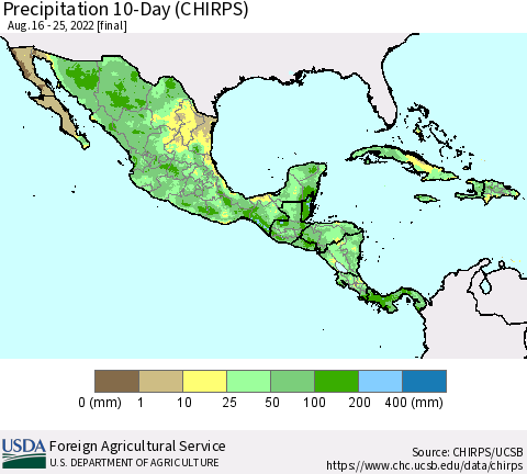 Mexico Central America and the Caribbean Precipitation 10-Day (CHIRPS) Thematic Map For 8/16/2022 - 8/25/2022
