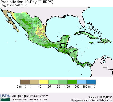 Mexico Central America and the Caribbean Precipitation 10-Day (CHIRPS) Thematic Map For 8/21/2022 - 8/31/2022