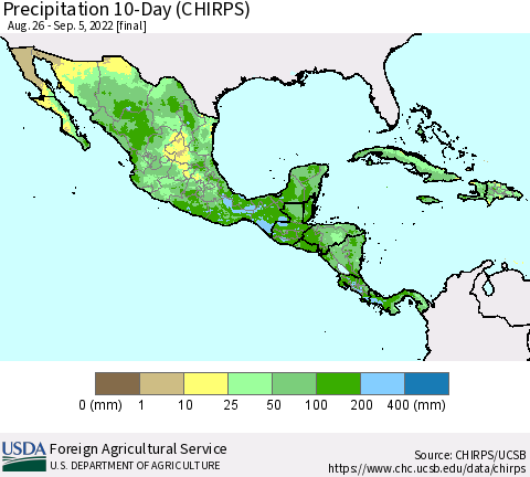 Mexico Central America and the Caribbean Precipitation 10-Day (CHIRPS) Thematic Map For 8/26/2022 - 9/5/2022