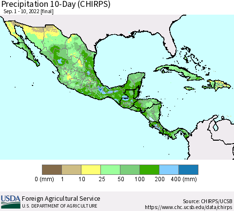 Mexico Central America and the Caribbean Precipitation 10-Day (CHIRPS) Thematic Map For 9/1/2022 - 9/10/2022