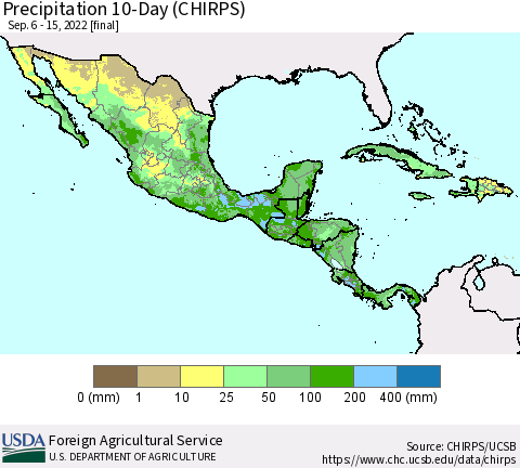 Mexico Central America and the Caribbean Precipitation 10-Day (CHIRPS) Thematic Map For 9/6/2022 - 9/15/2022