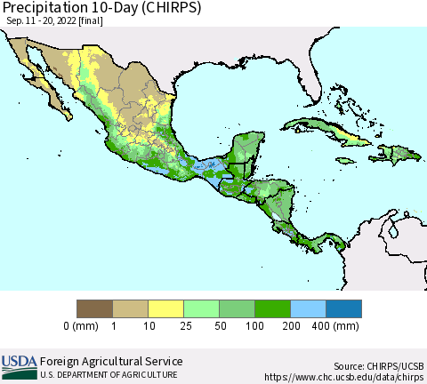Mexico Central America and the Caribbean Precipitation 10-Day (CHIRPS) Thematic Map For 9/11/2022 - 9/20/2022