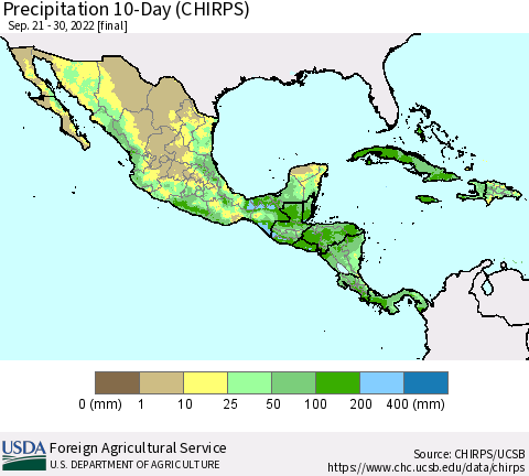 Mexico Central America and the Caribbean Precipitation 10-Day (CHIRPS) Thematic Map For 9/21/2022 - 9/30/2022