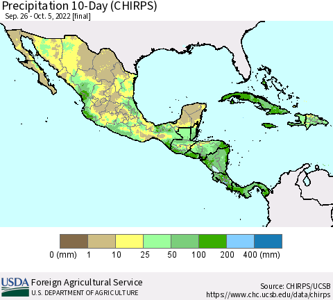 Mexico Central America and the Caribbean Precipitation 10-Day (CHIRPS) Thematic Map For 9/26/2022 - 10/5/2022