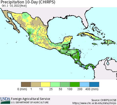 Mexico Central America and the Caribbean Precipitation 10-Day (CHIRPS) Thematic Map For 10/1/2022 - 10/10/2022