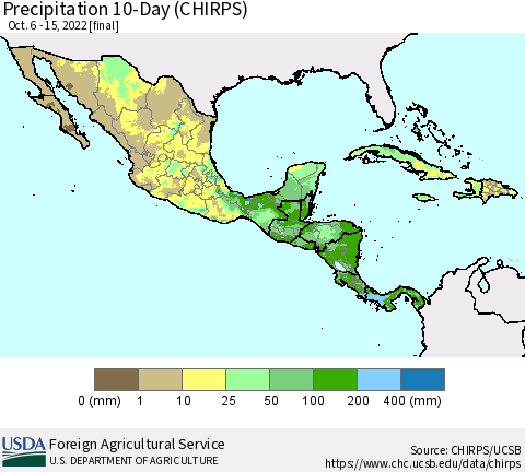 Mexico Central America and the Caribbean Precipitation 10-Day (CHIRPS) Thematic Map For 10/6/2022 - 10/15/2022