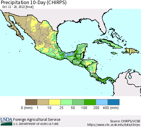Mexico Central America and the Caribbean Precipitation 10-Day (CHIRPS) Thematic Map For 10/11/2022 - 10/20/2022