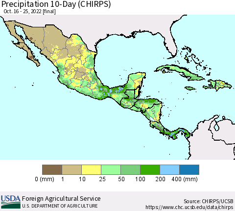 Mexico Central America and the Caribbean Precipitation 10-Day (CHIRPS) Thematic Map For 10/16/2022 - 10/25/2022