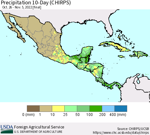 Mexico Central America and the Caribbean Precipitation 10-Day (CHIRPS) Thematic Map For 10/26/2022 - 11/5/2022