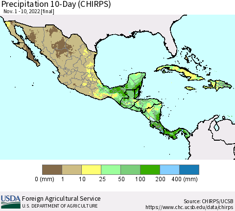 Mexico Central America and the Caribbean Precipitation 10-Day (CHIRPS) Thematic Map For 11/1/2022 - 11/10/2022
