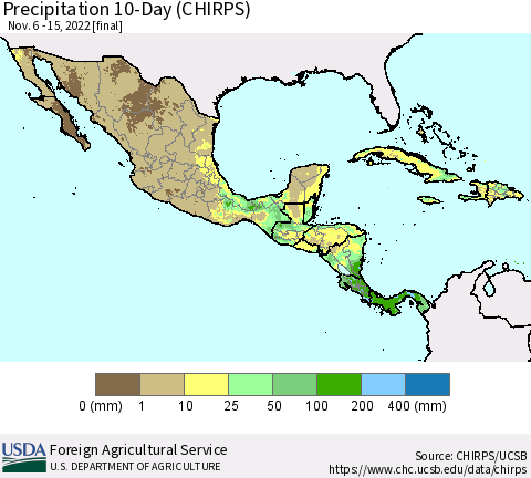 Mexico Central America and the Caribbean Precipitation 10-Day (CHIRPS) Thematic Map For 11/6/2022 - 11/15/2022